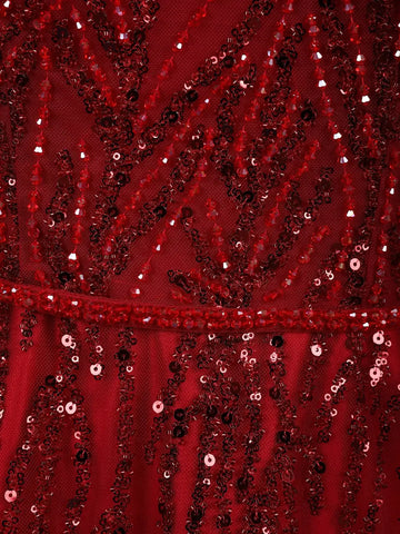 Deep Red Sequin Embellished Net Gown with Draped Sleeves - Diadem