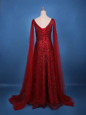 Deep Red Sequin Embellished Net Gown with Draped Sleeves - Diadem