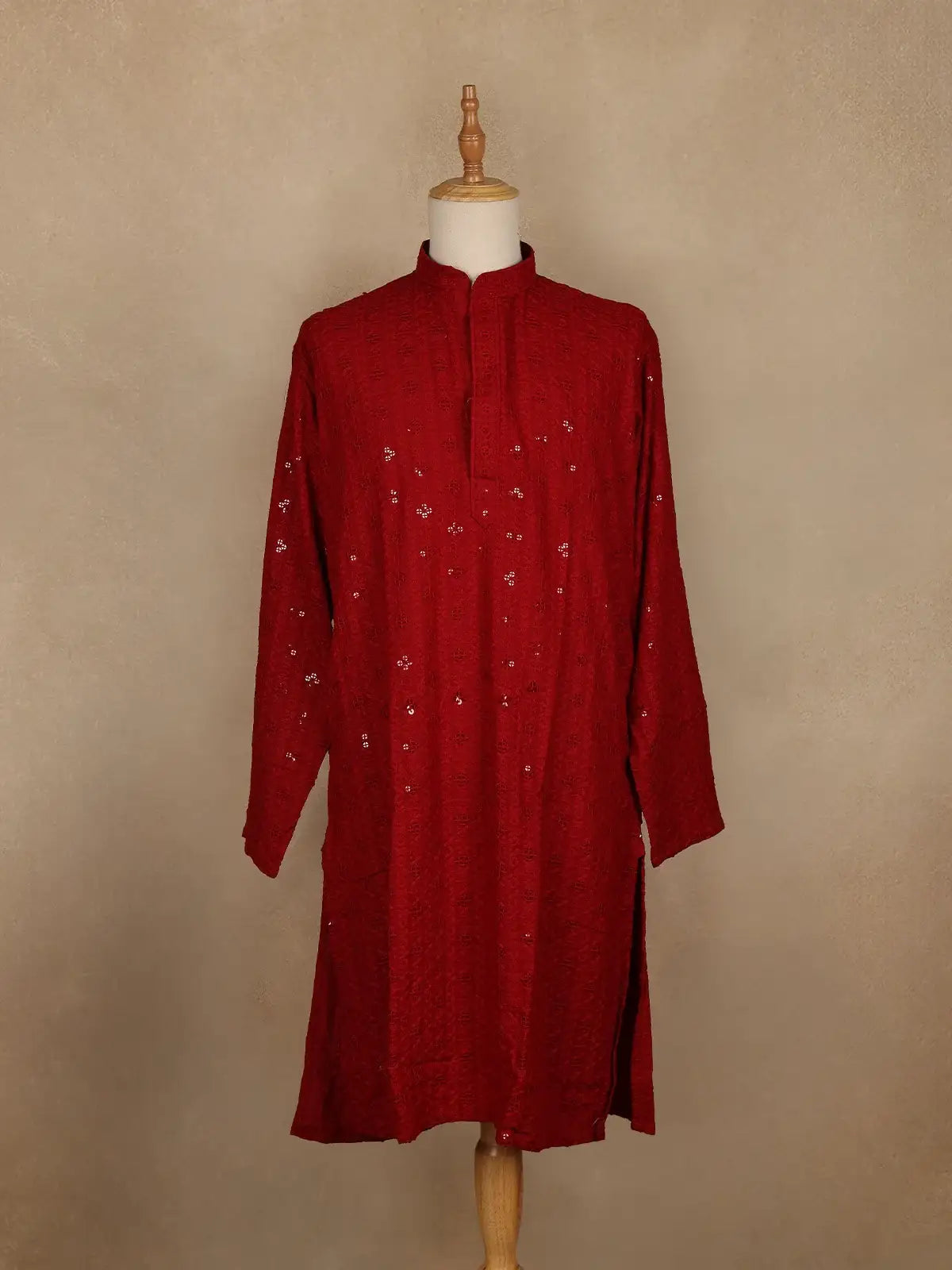 Deep Red Thread Embroidered Sequin Work Cotton Kurta for Men - Diadem