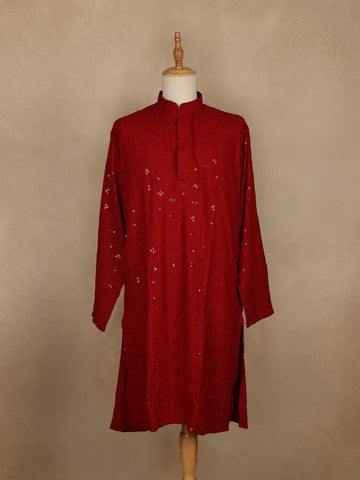 Deep Red Thread Embroidered Sequin Work Cotton Kurta for Men - Diadem
