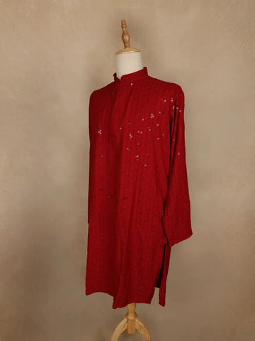 Deep Red Thread Embroidered Sequin Work Cotton Kurta for Men - Diadem