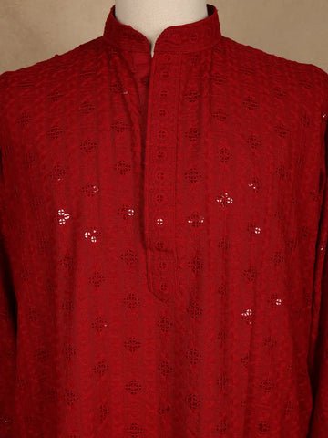 Deep Red Thread Embroidered Sequin Work Cotton Kurta for Men - Diadem