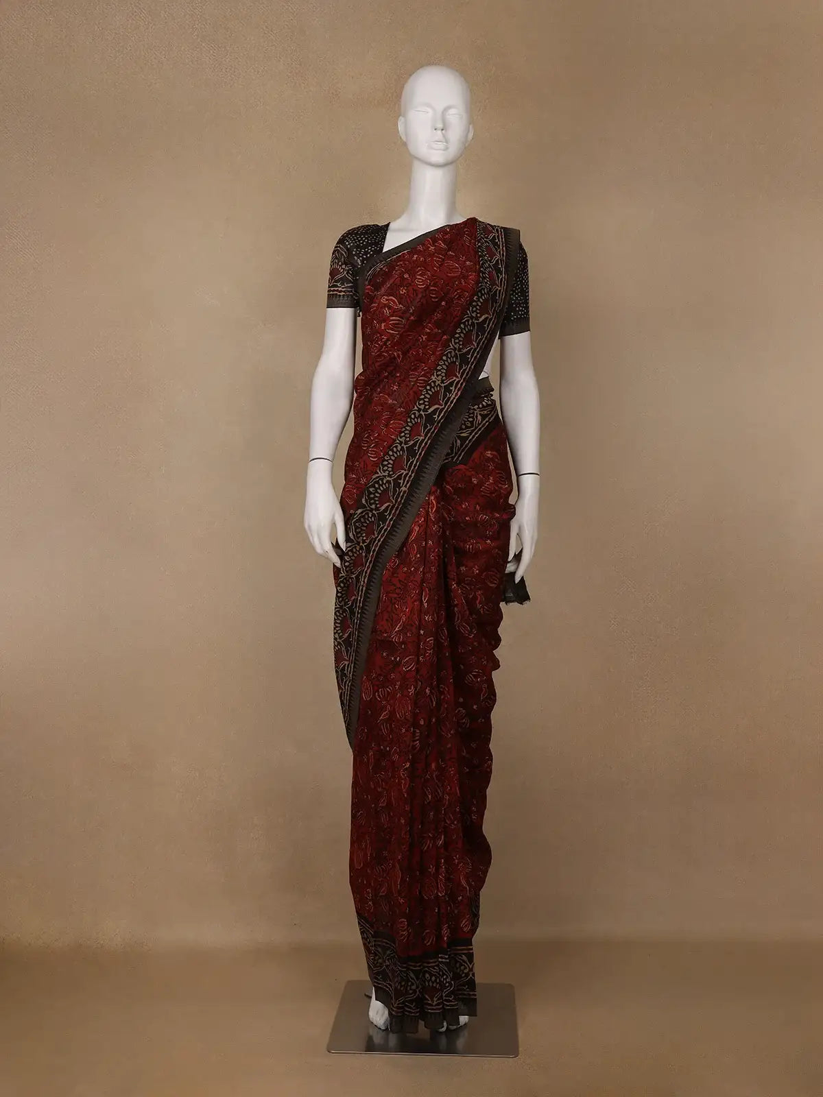 Deep Rust Red Floral Printed Cotton Saree - Diadem