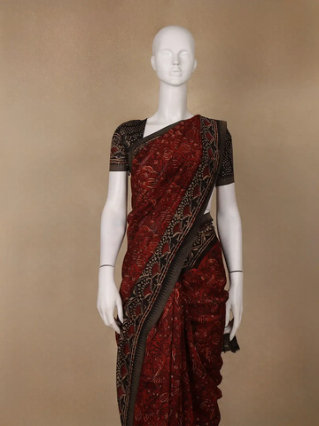 Deep Rust Red Floral Printed Cotton Saree - Diadem