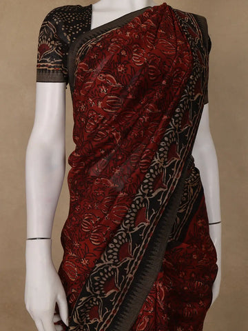 Deep Rust Red Floral Printed Cotton Saree - Diadem