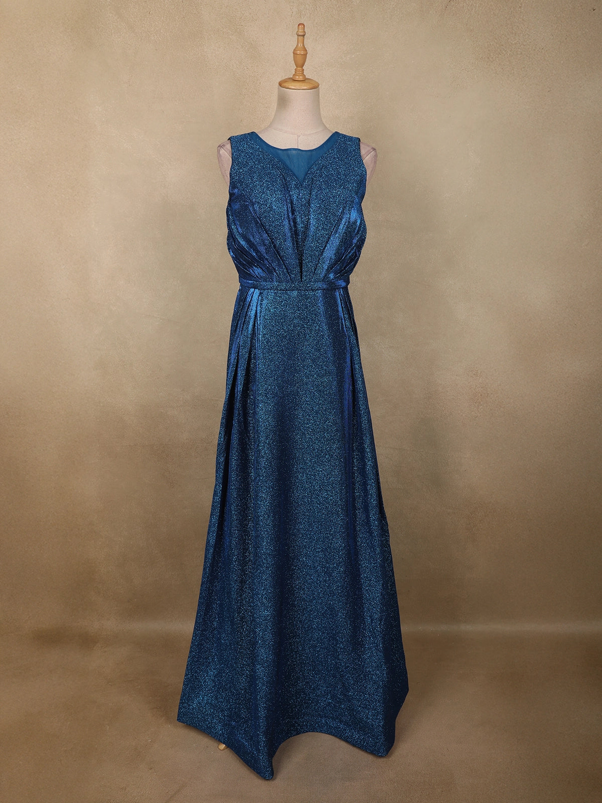 Deep Teal Blue Shimmer Solid And Glitter Design Party Wear Gown with with Pleated Bodice | Diadem Deep Teal Blue Shimmer Solid And Glitter Design Party Wear Gown with with Pleated Bodice | Diadem