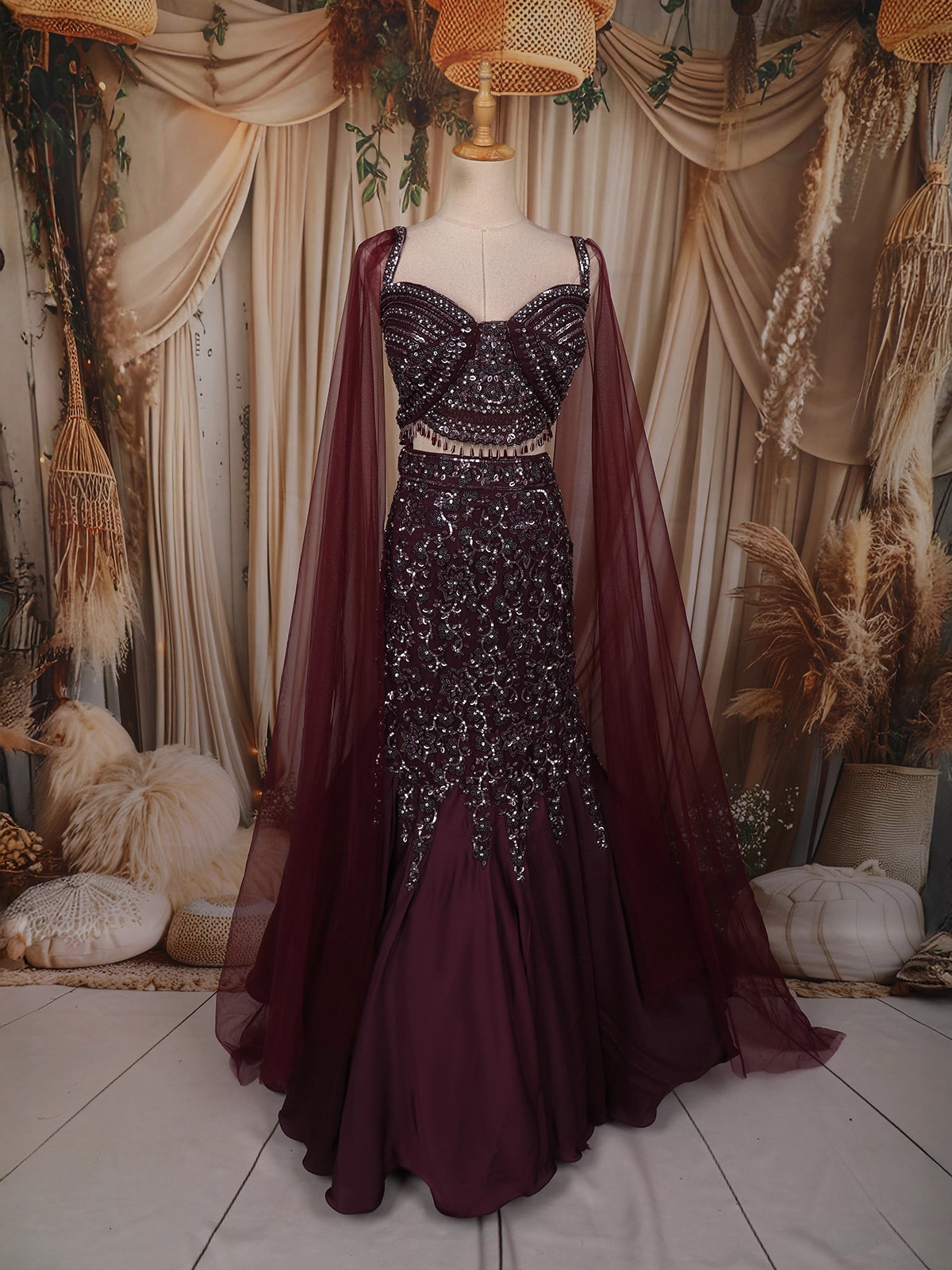 mermaid lehenga dress Deep Wine Heavy Sequins and Beads Embroidered Design Mermaid Satin Lehenga  with Sheer Dupatta