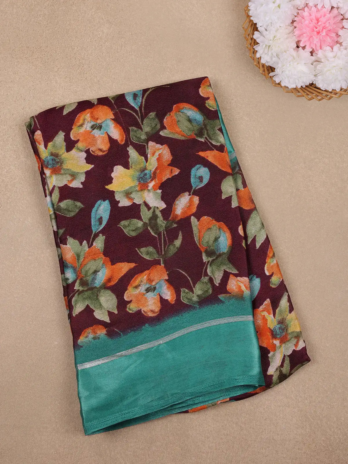 Deep Maroon Floral Prints Fancy Georgette Saree - Diadem