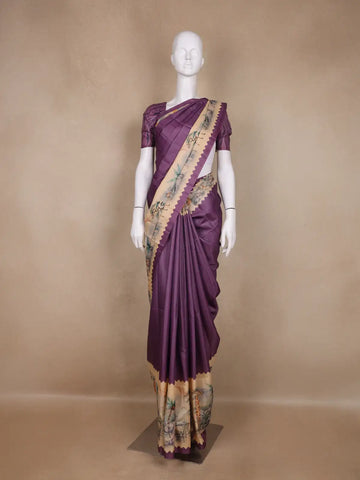 Deep Purple Jungle Motifs Printed Semi Tussar Saree - Diadem