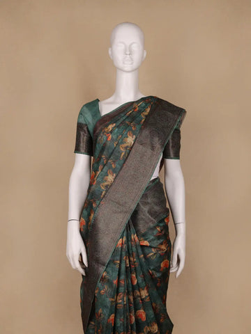 Deep Teal Green Floral Designed Chanderi Cotton Saree - Diadem