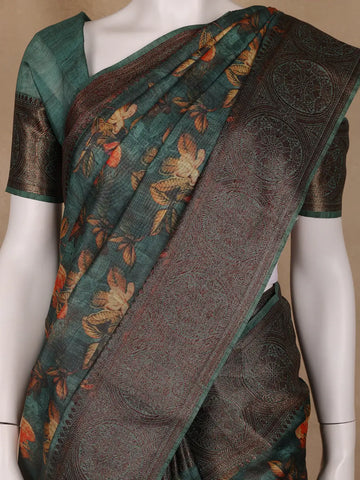 Deep Teal Green Floral Designed Chanderi Cotton Saree - Diadem