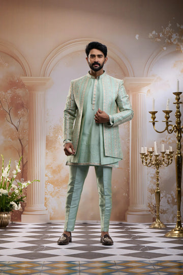 Light Green Geometric Design Raw Silk Jacquard Sherwani Set - Diadem