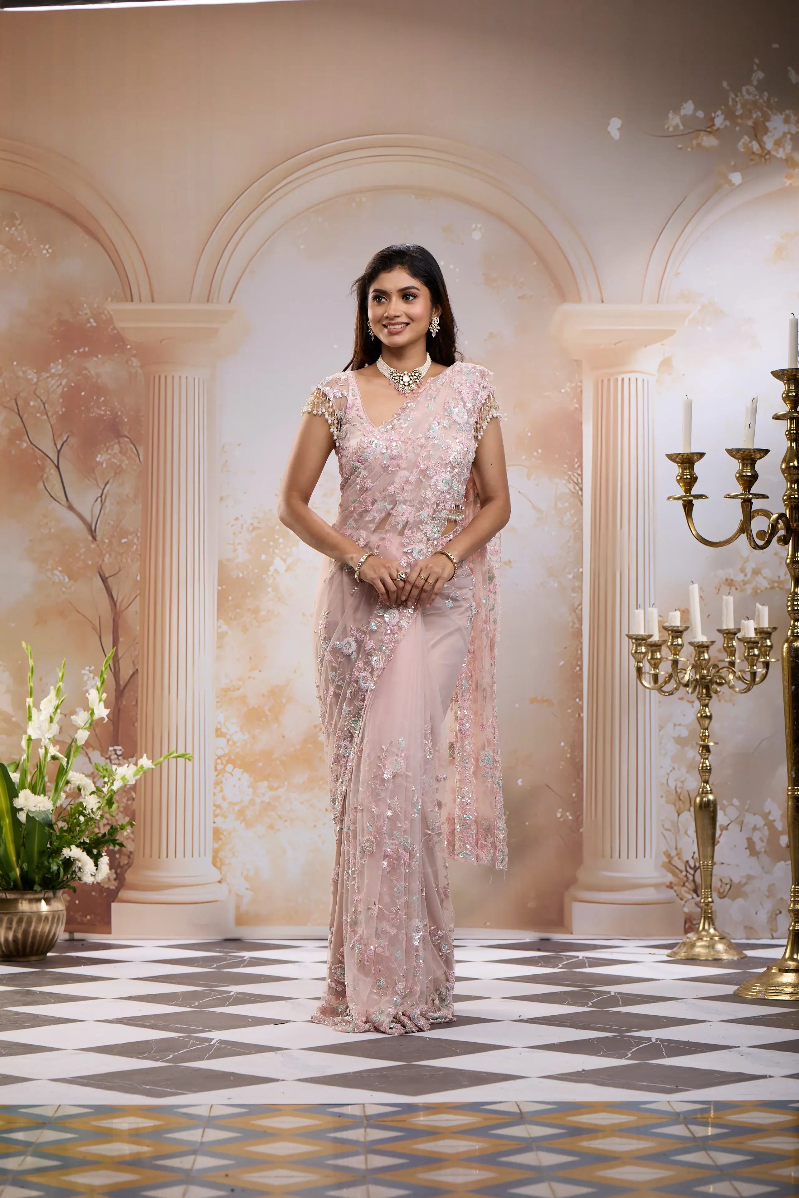 Blush Pink Floral Embroidered Net Saree With Pearl Tassel Blouse - Diadem