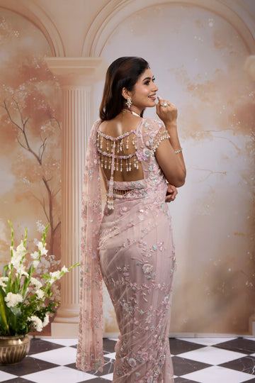 Blush Pink Floral Embroidered Net Saree With Pearl Tassel Blouse - Diadem