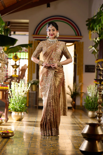 Antique Gold Floral Embroidered Banarasi Silk Saree - Diadem