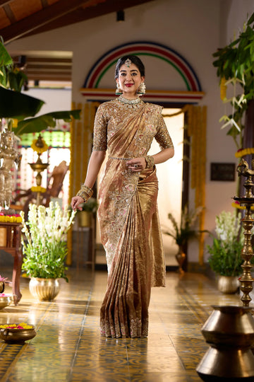 Antique Gold Floral Embroidered Banarasi Silk Saree - Diadem