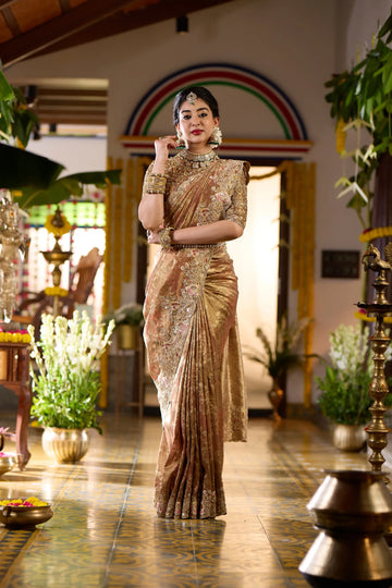 Antique Gold Floral Embroidered Banarasi Silk Saree - Diadem