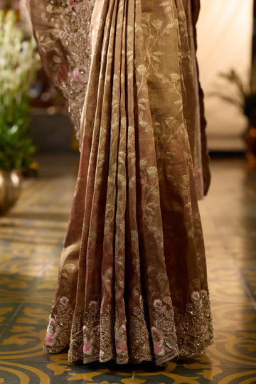 Antique Gold Floral Embroidered Banarasi Silk Saree - Diadem
