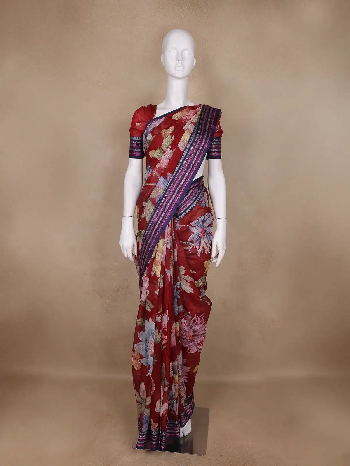 Dominant Red Floral Design Printed Kota Cotton Saree - Diadem