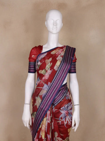 Dominant Red Floral Design Printed Kota Cotton Saree - Diadem