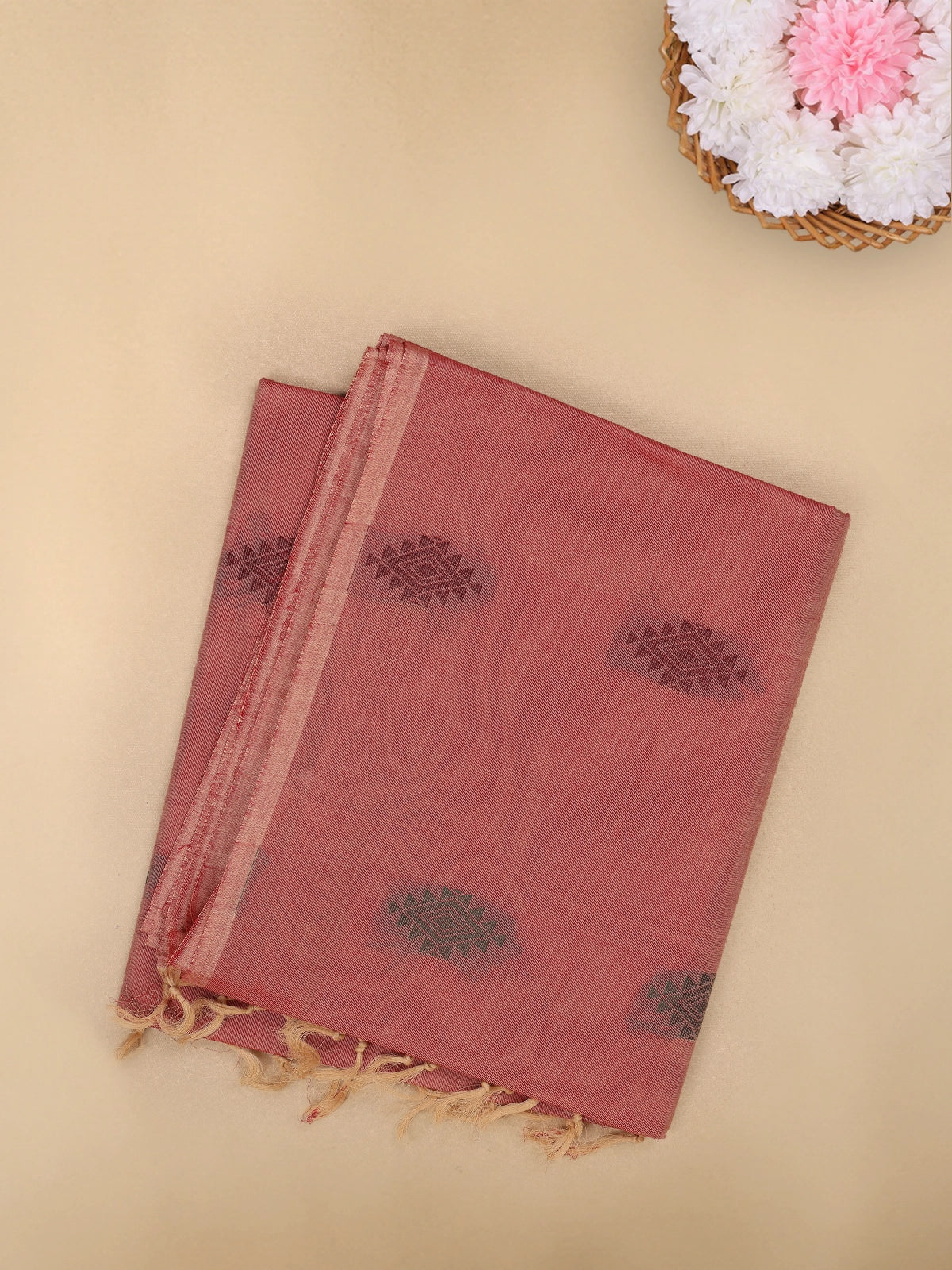 Dusty Brown Diamond Butta Woven Design Cotton Saree