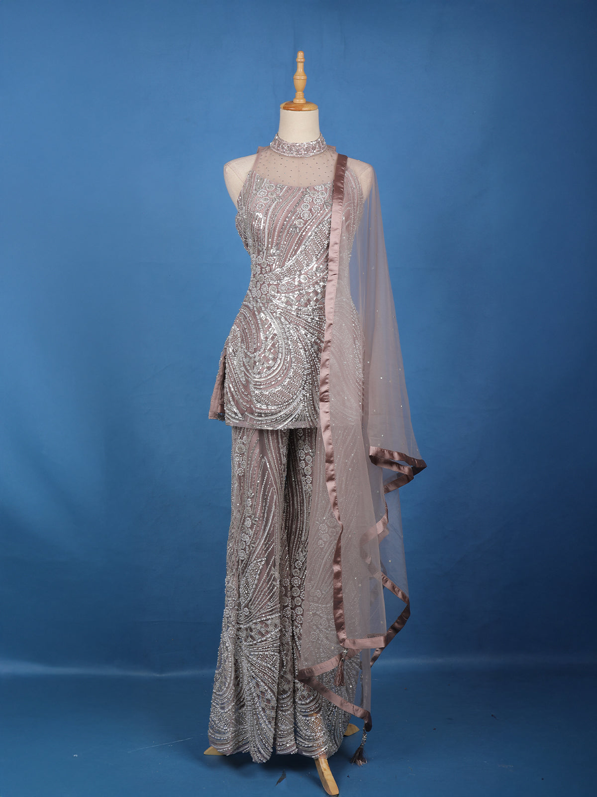 Dusty Mauve Sequins Embroidered Net Palazzo Suit With Dupatta