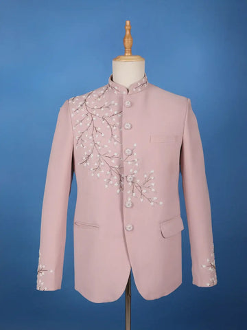 Dusty Pink Floral Bead Embroidery polyester Men's Suit Set - Diadem