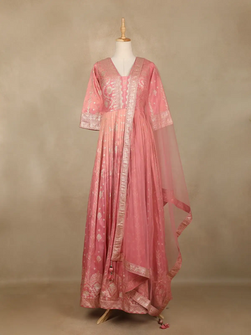 Dusty Pink Floral Design Silk Anarkali Salwar Suit - Diadem
