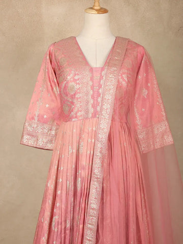 Dusty Pink Floral Design Silk Anarkali Salwar Suit - Diadem