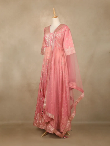 Dusty Pink Floral Design Silk Anarkali Salwar Suit - Diadem