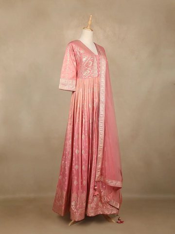 Dusty Pink Floral Design Silk Anarkali Salwar Suit - Diadem