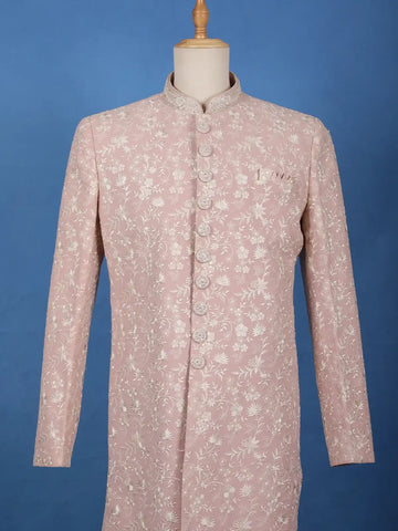 Dusty Pink Floral Embroidered Polyester Sherwani Suit - Diadem
