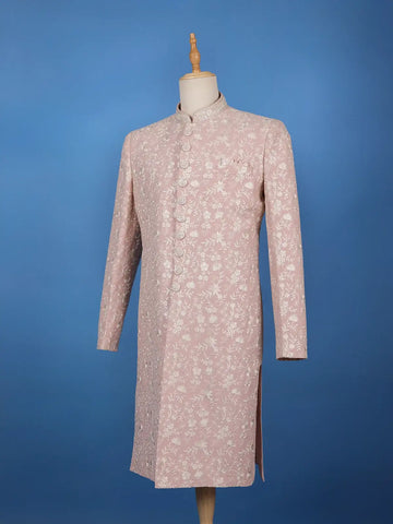Dusty Pink Floral Embroidered Polyester Sherwani Suit - Diadem