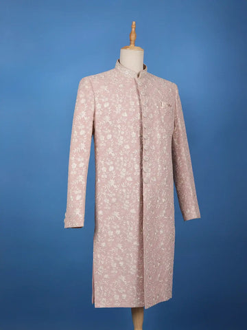 Dusty Pink Floral Embroidered Polyester Sherwani Suit - Diadem