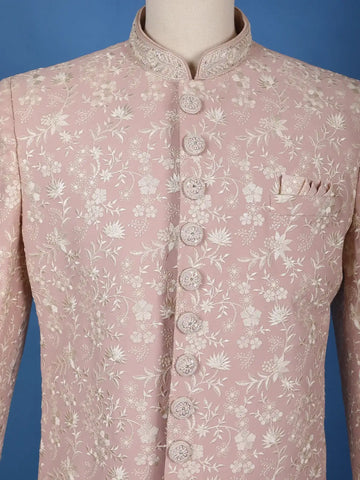 Dusty Pink Floral Embroidered Polyester Sherwani Suit - Diadem