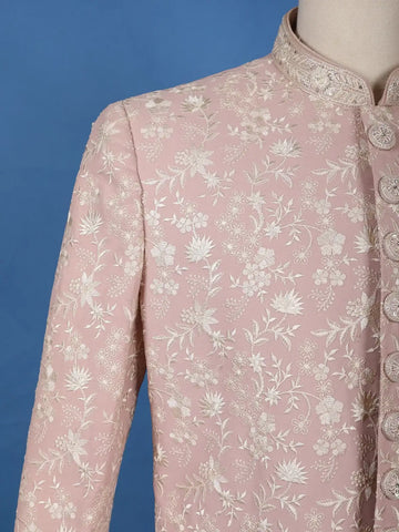 Dusty Pink Floral Embroidered Polyester Sherwani Suit - Diadem