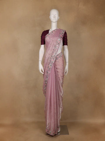 Dusty Pink Floral Sequins Embroidered Organza Saree - Diadem