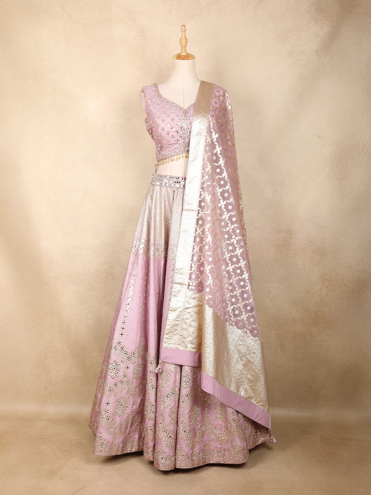 Dusty Pink Mirror Work Banarasi Silk Lehenga Set with Dupatta | Diadem Dusty Pink Mirror Work Banarasi Silk Lehenga Set with Dupatta | Diadem