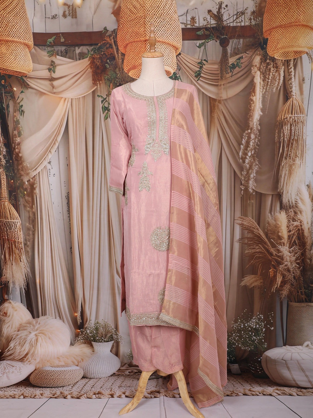 Dusty Pink Zari Embroidered Design Tissue Silk Palazzo Suit