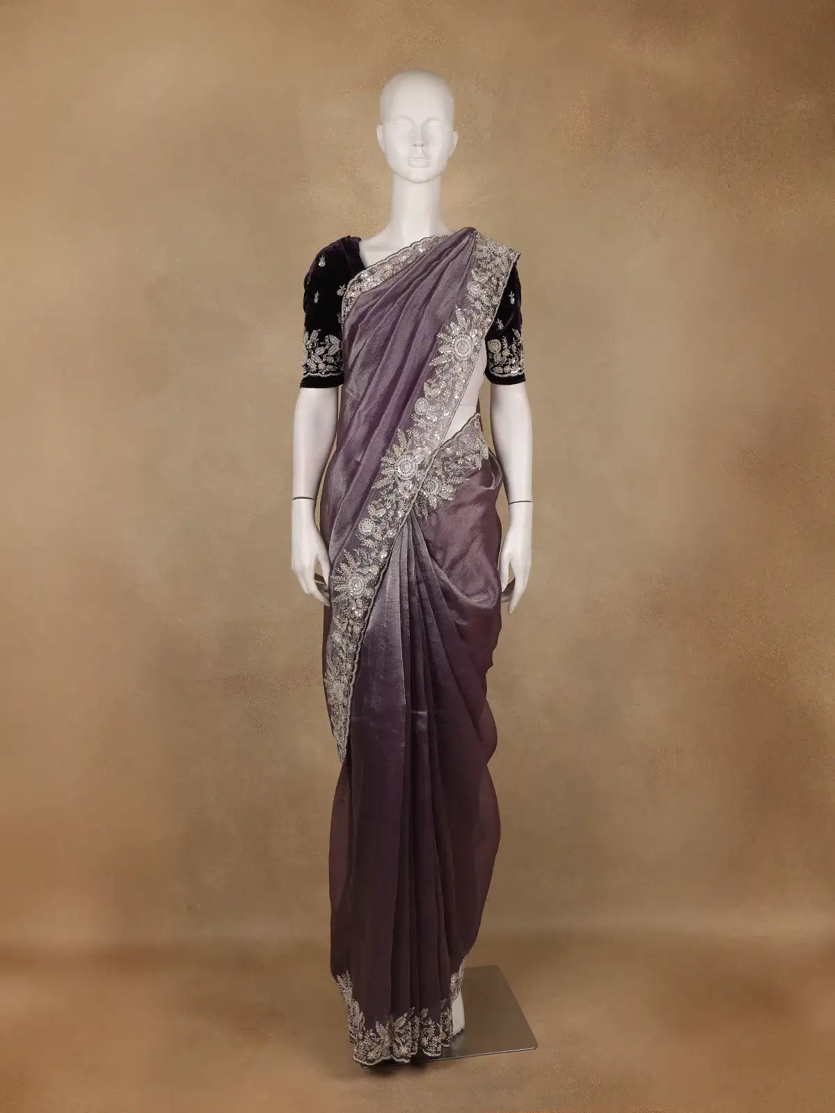 Dusty Purple Organza Saree With Sequin Embroidered Border And Velvet Blouse - Diadem