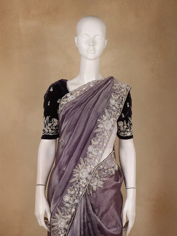 Dusty Purple Organza Saree With Sequin Embroidered Border And Velvet Blouse - Diadem
