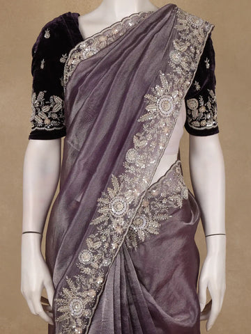 Dusty Purple Organza Saree With Sequin Embroidered Border And Velvet Blouse - Diadem
