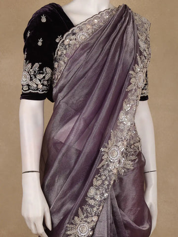 Dusty Purple Organza Saree With Sequin Embroidered Border And Velvet Blouse - Diadem