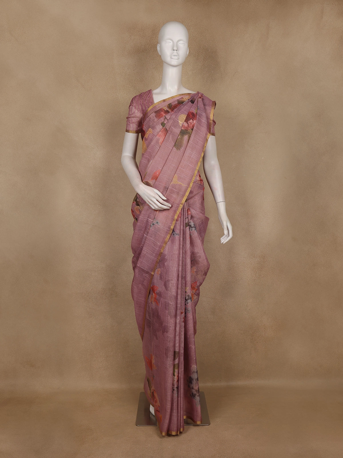 Dusty Rose Floral Printed Cotton Saree with Subtle Golden Zari Border