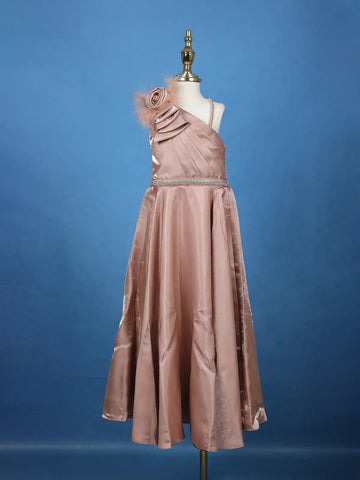 Dusty Rose One-Shoulder Floral Satin Kids Gown With Feather Detail - Diadem
