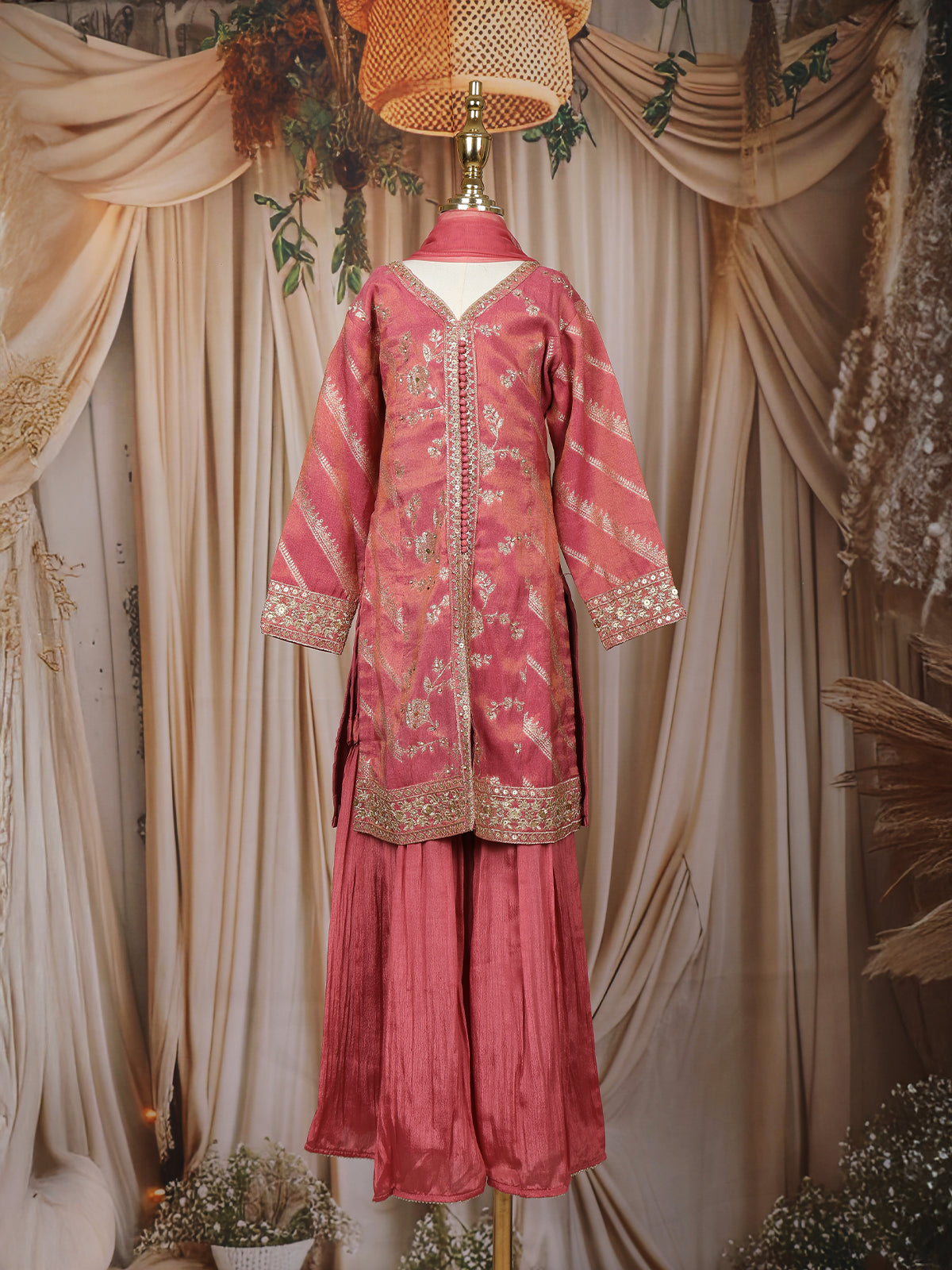 Dusty Rose Pink Embroidered Design Tissue Silk Kids Palazzo Suit