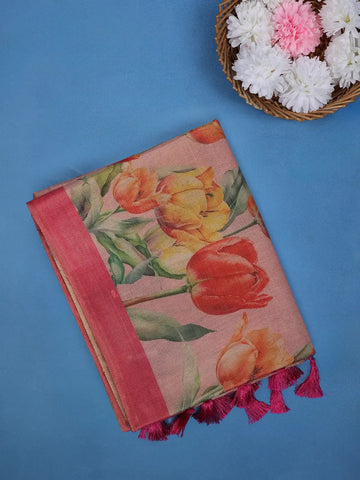 Dusty Rose Pink Floral Design Semi Tissue Saree - Diadem