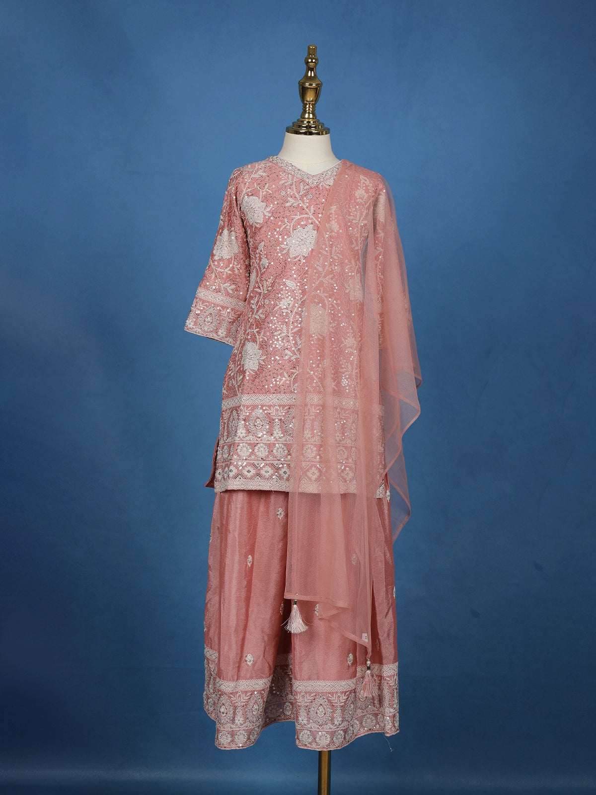 Dusty Rose Pink Floral Sequins Embroidered Silk Kids Palazzo Suit