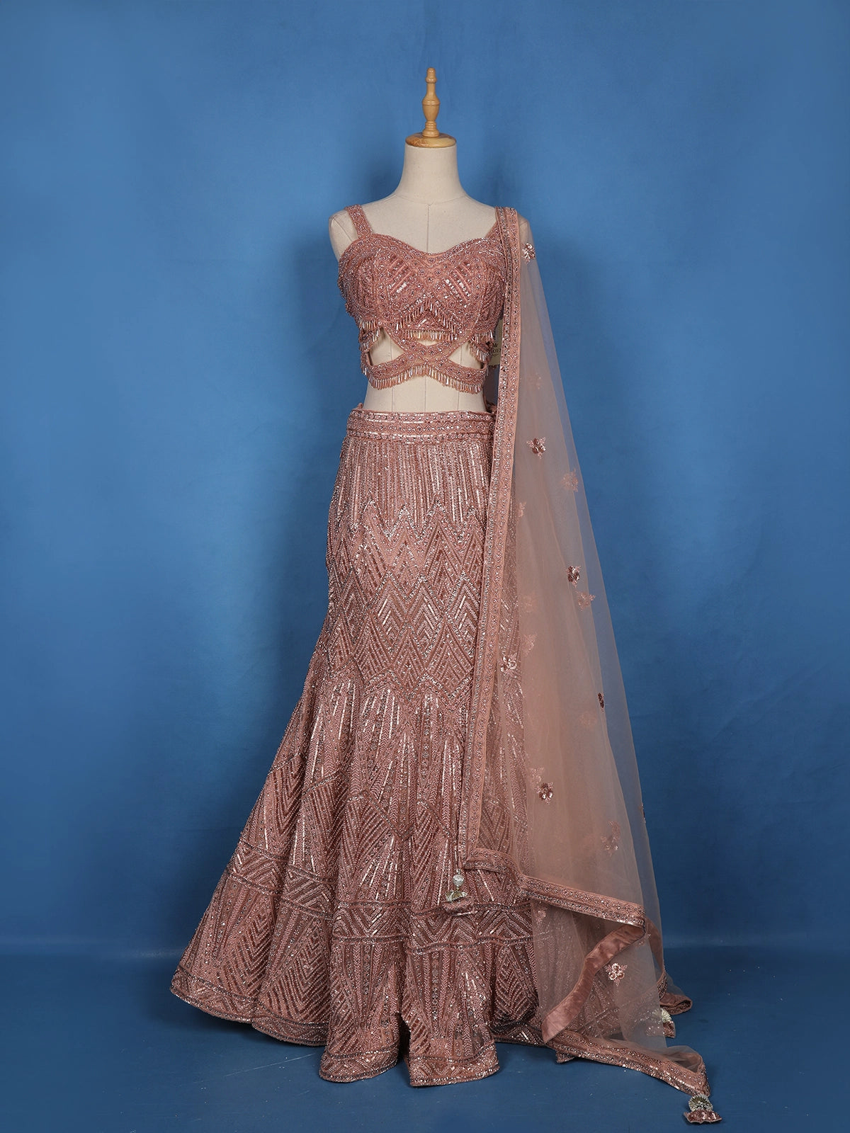Dusty Rose Pink Geometric Sequins Embroidered Mermaid Net Lehenga With Dupatta