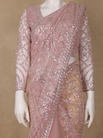 Dusty Rose Pink Heavy Sequin Embroidered Net Saree - Diadem